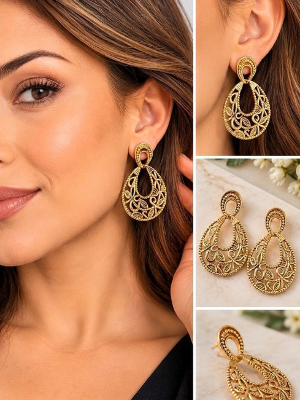 Gold-Tone Filigree Drop Earrings